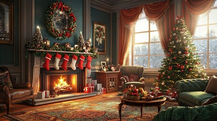 Obraz premium Festive Living Room with Stockings by the Cozy Fireplace