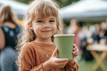 A child holding a biodegradable cup at a community event promoting sustainability and green practices for a better future.
