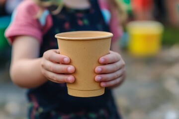 A child holding a biodegradable cup at a community event promoting sustainability and green practices for a better future.