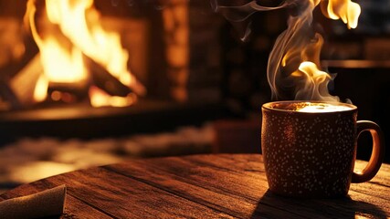 A mug of hot chocolate sits on a wooden table next to a fireplace - Powered by Adobe