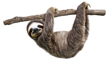 Sloth, Animal of Costa Rica on transparent background, isolated, funny animal hanging on tree branch scratching belly, cute, funny and chilled
