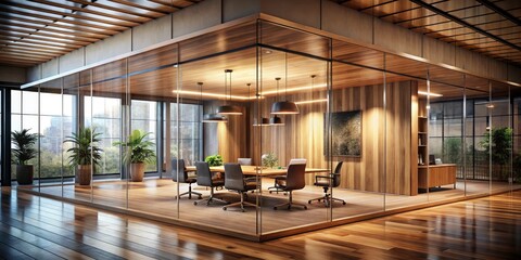 Fototapeta premium Surreal Wooden Business Interior with Glass Rooms and Invisible Doors - Innovative Meeting Space Design for Modern Work Environments