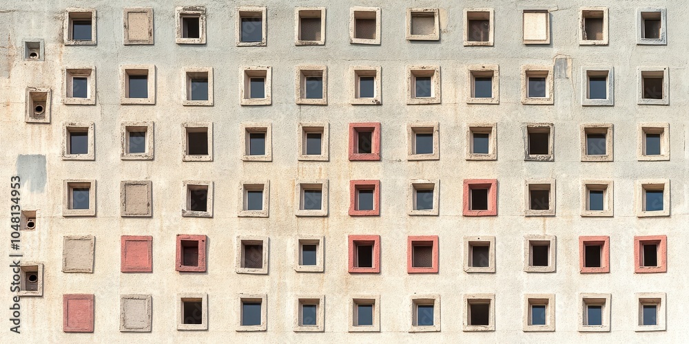 Poster abandoned building with unique window patterns