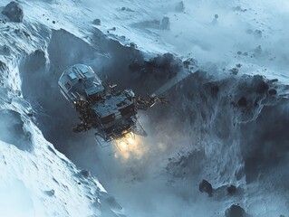 A close-up of a space probe landing on a comet, using robotic arms to collect samples from its icy surface.