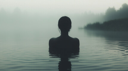 Silhouette of woman in water with fog and misty forest background