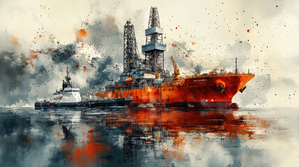 Oil drilling platform in the sea, watercolor painting
