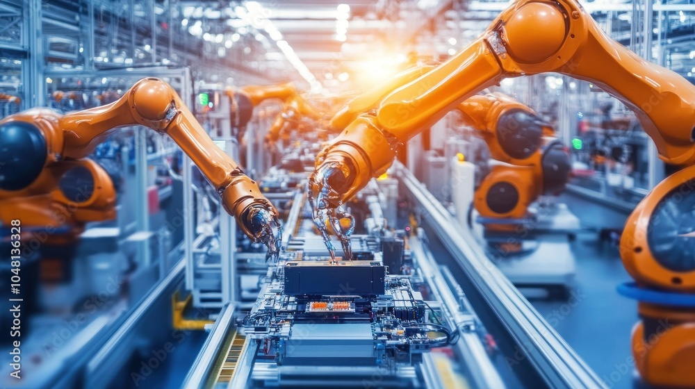 Poster industrial robots assembling a circuit board on a conveyor belt