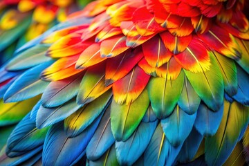 Obraz premium Vibrant Macro Close-Up of Macaw Parrot Feather Texture in Tilt-Shift Photography, Colorful and Smooth Natural Patterns