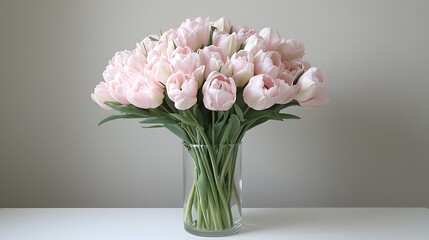 A beautiful arrangement of soft pink tulips in a clear vase perfect for home decor and celebrations