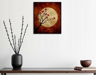 A painting of a tree with red flowers and a moon in the background