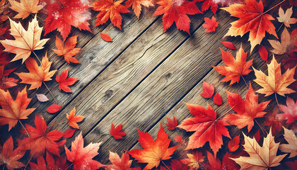 Obraz premium Maple leaves on wooden deck In style of Digital Art For Thanksgiving background with watercolor accents and perfect copy space