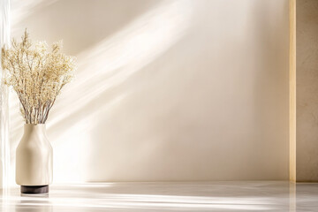 A serene vase with dried flowers by a sunlit wall in a minimalist interior setting