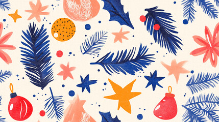 Fototapeta premium Seamless Christmas Pattern with Blue and Red Baubles, Stars and Fir Branches