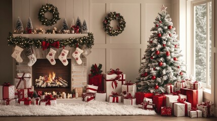 Christmas composition featuring decorations, Christmas tree, gifts, snow, and accessories in cozy home decor with a white and red theme