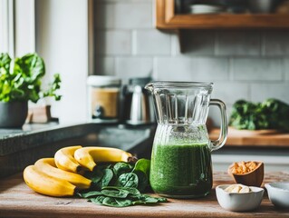 A cozy kitchen with a blender making a green smoothie, filled with spinach, bananas, and almond milk, promoting a plant-based morning routine.