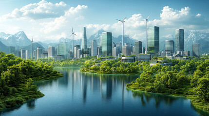 Fototapeta premium Coastal urban buildings and wind turbines