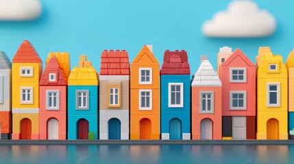 Colorful Toy Block Houses with Blue Sky and White Clouds