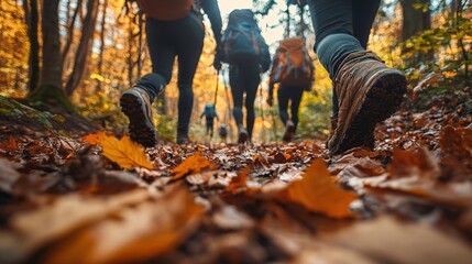 Friends hiking on forest trail surrounded by vibrant autumn leaves DSLR high detail ultra hd clean sharp focus