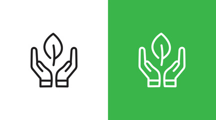 Obraz premium Hands and green leaf nature logo icon. Hands holding green leaf symbol. Hands giving green nature earth. Green leaf nature earth care logo icon design template
