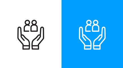 Hands and people logo icon. Hands holding people symbol. Hands giving care to people.  people and customer care logo icon design template