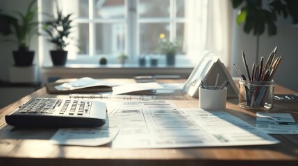 Fototapeta premium An empty scene featuring blank mockup template of accountant's desk with tax receipts, 