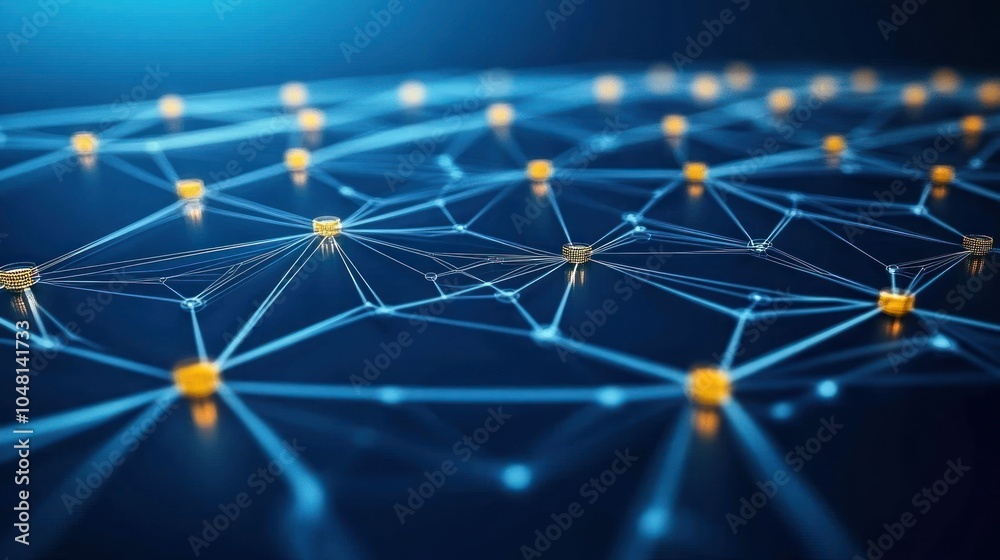Poster Abstract Network of Golden Nodes Interconnected by Thin White Lines on a Dark Blue Background