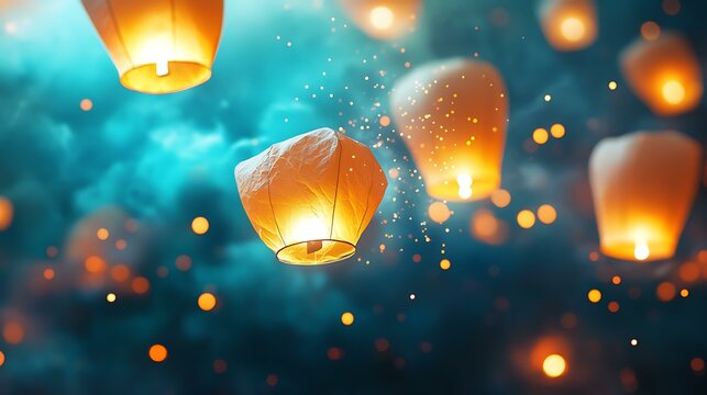 A dreamy night scene with lanterns floating into the sky and 2025 in bold white text, creating a sense of peace and new beginnings