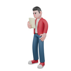 3D Vocal Artist Model. A male singer stands while checking the notes on the piece of paper he is holding. Singing Personality