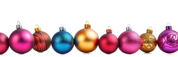 Obraz premium Christmas balls in colorful arrangement, festive holiday banner. Seasonal ornament display. Banner.