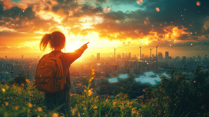 Obraz premium At sunset, a woman points her fingers towards the distant city and wind turbines