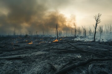 Obraz premium A deforested plain covered in smoke, with the charred remains of trees after a forest fire, symbolizing the dual threat of deforestation and wildfires.
