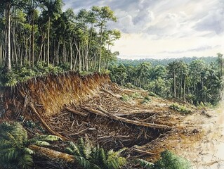 Fototapeta premium A dense forest with a large section cut away, the remaining trees standing on the edge of the devastation, showing the ongoing impact of deforestation.