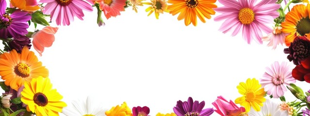 Obraz premium Vibrant Floral Border Banner, colorful flowers encircle a blank white space, perfect for announcements or invitations