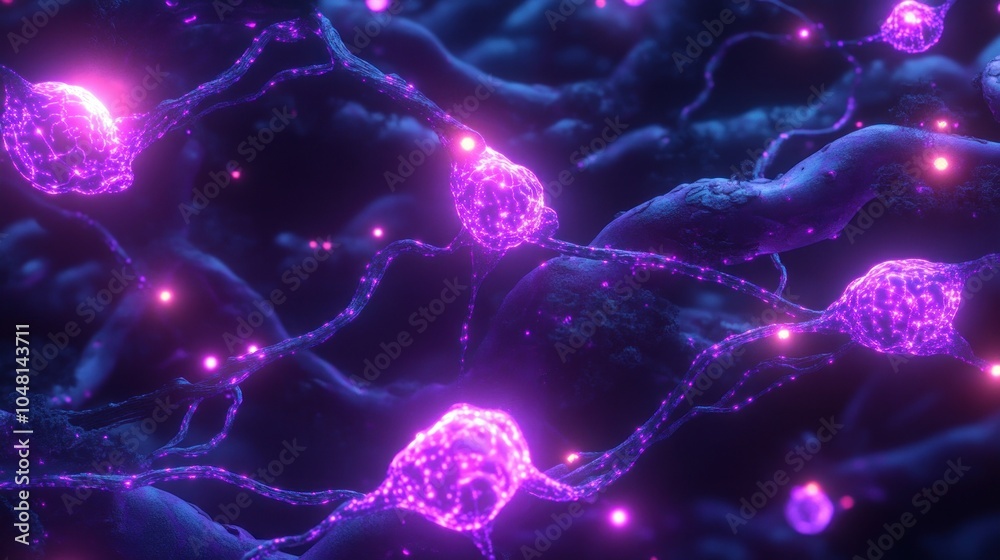 Poster Glowing Purple Neuron Network with Synapses and Axons