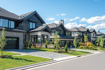 Luxurious suburban residence, sunny with well-maintained landscaping.