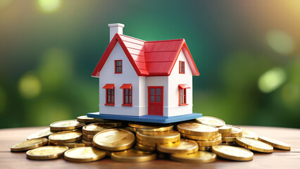 House of small mini size on stack of coins. Concept of residence, real estate, property investment, home loan, income, tax, passive income, financial growth and wealthy
