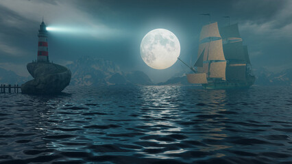 lighthouse ship and moon on the horizon of the endless ocean at night