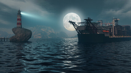 container ship with moon and lighthouse in the background