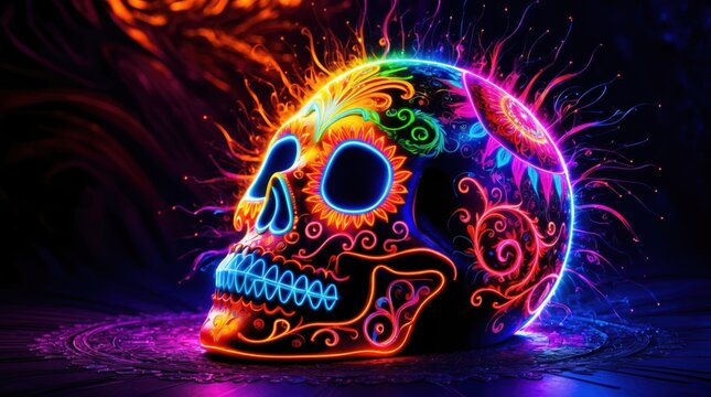 Fluorescent sugar skull with neon pink, yellow, and turquoise highlights.