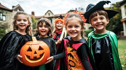 Obraz premium Children Dressed in Halloween Costumes Smiling and Holding a Pumpkin