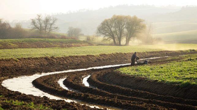 A farmer managing water resources on a regenerative farm with contour plowing and swales to prevent soil erosion.