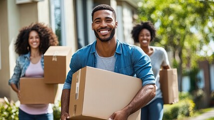 Three smiling people carrying cardboard boxes outside a house