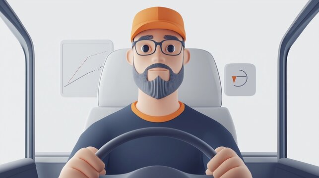 A cartoon bus driver character with geometric shapes, focusing on the road ahead while surrounded by simple graphic elements in a clean, modern environment