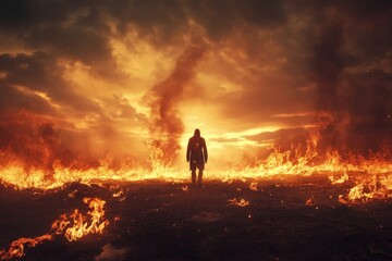 Fototapeta premium A figure standing at the edge of a burning field, flames rising, representing anger consuming everything in its path.