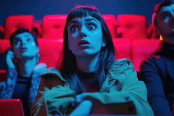 Shocked couple watching a crime movie in theatre. Focus is on woman