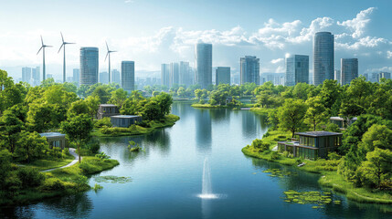Fototapeta premium Coastal urban buildings and wind turbines