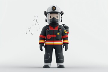 Fototapeta premium A cartoon firefighter stands confidently with protective gear in a clean, minimalistic setting, ready to take on emergencies during a bright daytime
