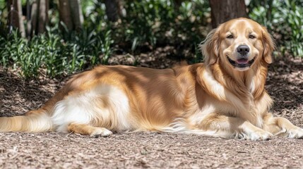 Golden Retriever Dog Lying in Park with Sunlight Happy Expression