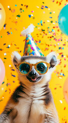 Party animal! Colorful photo of funny, happy lemur on yellow background. Ballons, confetti, happy...