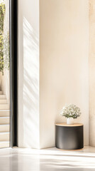 A minimalistic corner of a modern interior with a vase of flowers and natural light in the morning